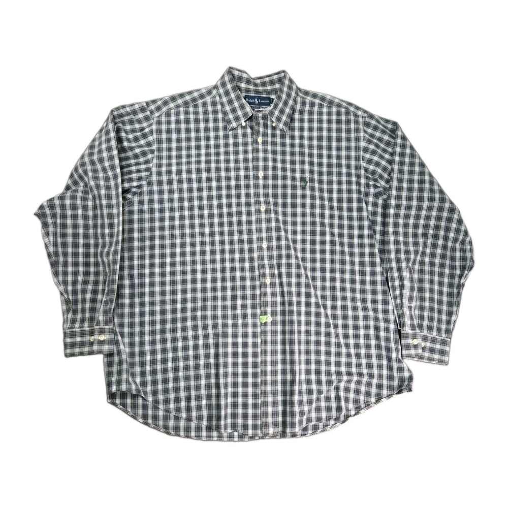 VTG Polo Ralph Lauren Button Down Shirt Blue Plaid Mens 17.5 XL Hong Kong 80's